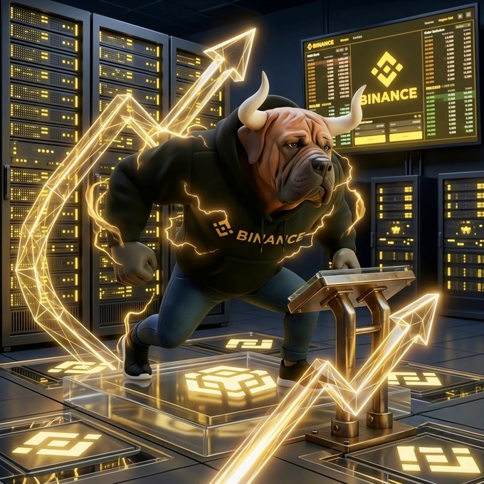 A muscular bull wearing a black "BINANCE" hoodie charges forward through a server room, surrounded by glowing golden upward arrows and Binance-branded floor tiles. The image visually reinforces the post's bullish momentum message about $TOSA on the BNBchain, symbolizing powerful upward price action breaking through market noise.