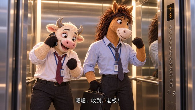 A whimsical scene of two people wearing mascot costumes—a cow and a horse—dressed in office attire inside an elevator, with Chinese subtitles reading '嗯嗯，收到，老板！'.