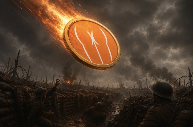 A dramatic digital artwork depicting a flaming meteor-shaped cryptocurrency coin crashing into a World War I battlefield with soldiers in trenches watching it descend.