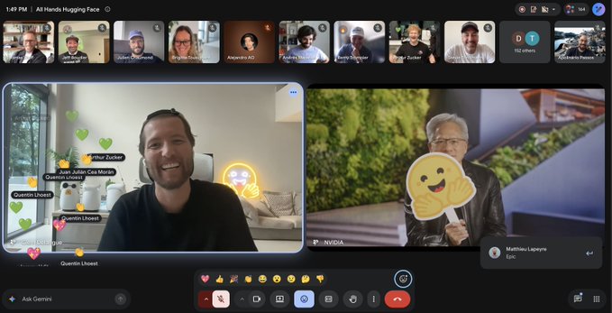 A Google Meet video call screenshot titled 'All Hands Hugging Face' with a participant named Jensen from NVIDIA visible in a main feed.