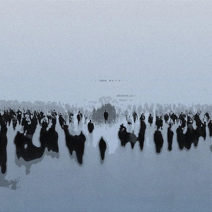 A hazy, minimalist image showing silhouettes of a crowd of people against a pale gray background, with faint shapes in the upper portion that appear to be obscured or blurred out.