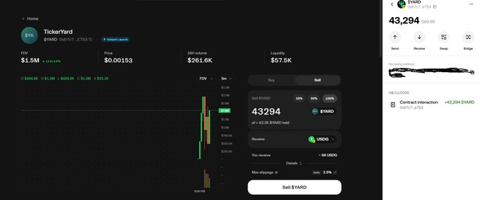 A screenshot of a TickerYard trading interface for the $YARD token, displaying an FDV of $1.5M, price of $0.00153, and 24H volume of $261.6K, alongside a user wallet showing a balance of 43,294 $YARD tokens received from an unknown contract interaction. The image relates to the post by showing the unlaunched token's trading metrics and the mysterious airdrop deposit the user received in their wallet.