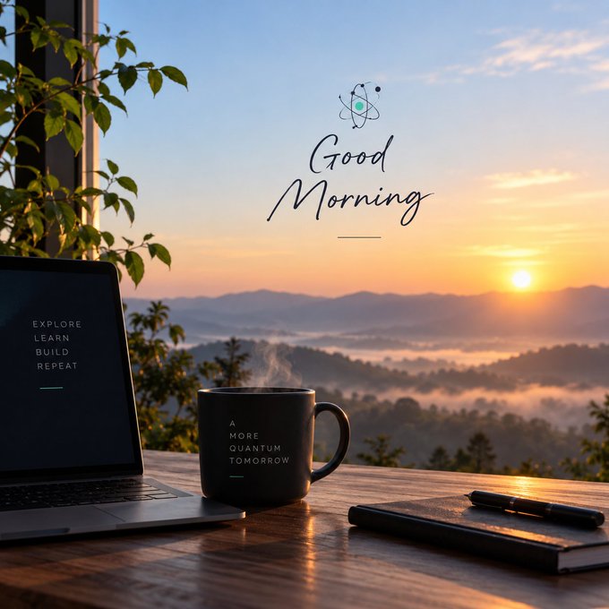 A scenic desktop workspace with a laptop, coffee mug, and notebook set against a misty mountain sunrise, featuring the cursive text 'Good Morning' and a science atom logo.