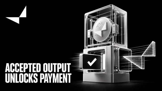 A black promotional graphic with white text reading 'ACCEPTED OUTPUT UNLOCKS PAYMENT' shows a 3D metallic device displaying a checkmark and a wireframe arrow.