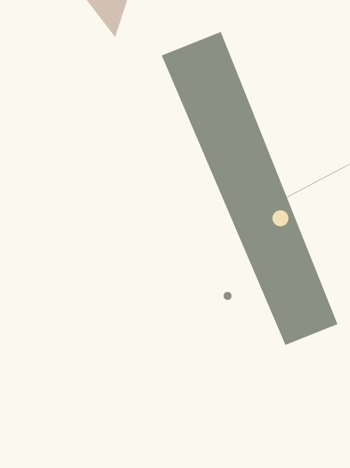 A minimalist abstract composition features a sage green rectangular bar angled across a cream background, accented by a small beige triangle in the upper left, a pale yellow circle, and a tiny gray dot, evoking a simple geometric NFT piece titled "Primera 169" listed on OpenSea.