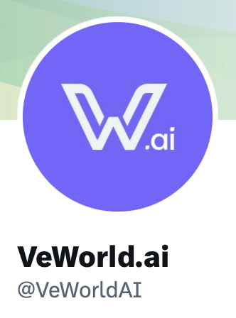 A logo graphic for VeWorld.ai featuring a stylized white 'W' on a purple circular background, with the handle @VeWorldAI.
