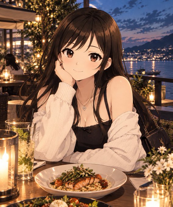 An anime-style illustration depicts a girl with long dark hair sitting at an outdoor restaurant table by the water at dusk, smiling with a plate of salmon and rice in front of her.