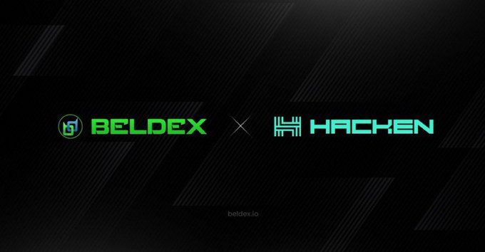 A promotional graphic featuring the Beldex ("BELDEX") and Hacken logos separated by an "X" on a black background, with the small URL "beldex.io" beneath, visually representing the partnership announcement of Beldex's new bridge completing independent penetration testing by Hacken.