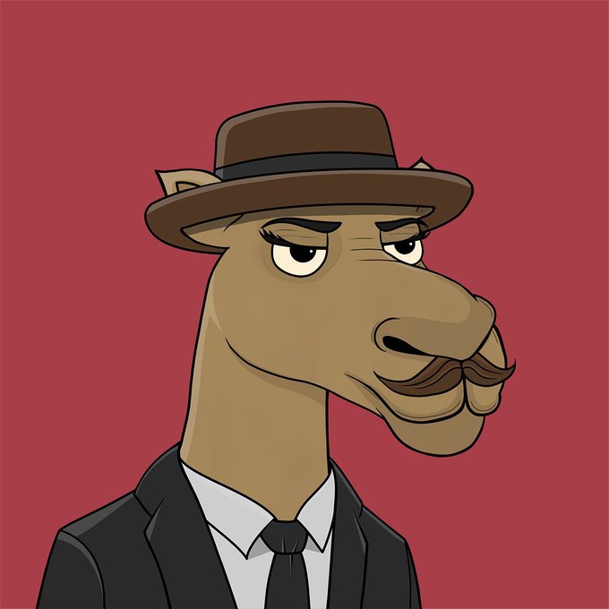A cartoon illustration of a brown camel wearing a brown fedora hat, a black suit, white shirt, and black tie, with a curled mustache against a dark red background.