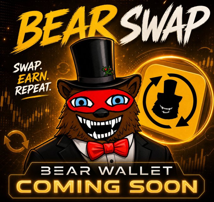 A promotional graphic for 'BEAR SWAP' features a grinning bear mascot in a top hat and red mask, with the text 'SWAP. EARN. REPEAT.' and 'BEAR WALLET COMING SOON.'