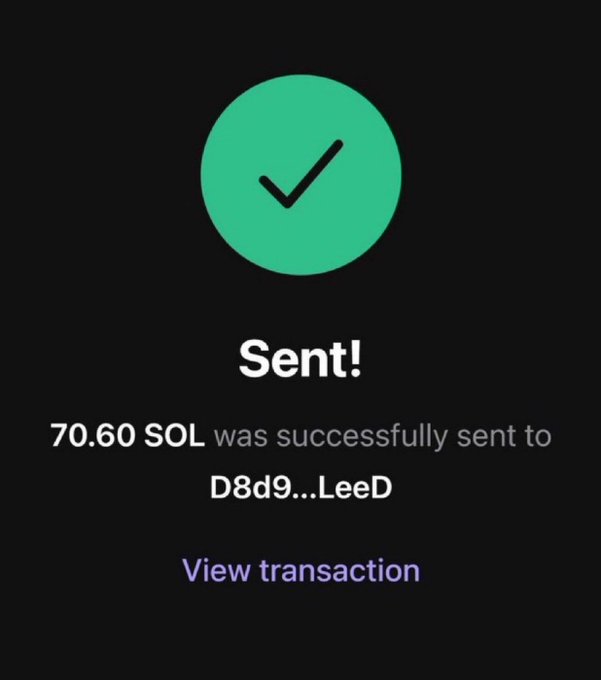 A screenshot showing a successful crypto transaction confirmation, with a green checkmark and text reading "Sent! 70.60 SOL was successfully sent to D8d9...LeeD," along with a "View transaction" link.

The image appears to serve as proof of a $50 giveaway, supporting the post's claim of covering $50 for each participant in the "1 to 1000 SOL" challenge by showing a SOL transfer has been completed.