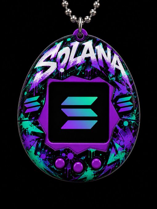 A vibrant Tamagotchi-style pendant features the word "SOLANA" in graffiti lettering above its iconic teal-and-purple logo, set against a chaotic backdrop of neon purple and green paint splatters. The colorful, customizable-looking design reflects the post's message that "Solana is anything you want it to be."