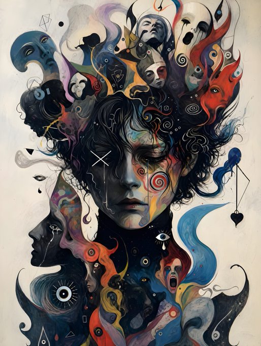 A surreal, dark artwork featuring a central figure with an 'X' over one eye, surrounded by masks, faces, flames, and colorful swirling smoke in red, blue, and yellow.
