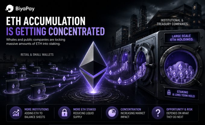 An infographic from BiyaPay titled "ETH ACCUMULATION IS GETTING CONCENTRATED," stating "Whales and public companies are locking massive amounts of ETH into staking," with sections for retail/small wallets, large scale ETH holdings, and staking/long-term hold.