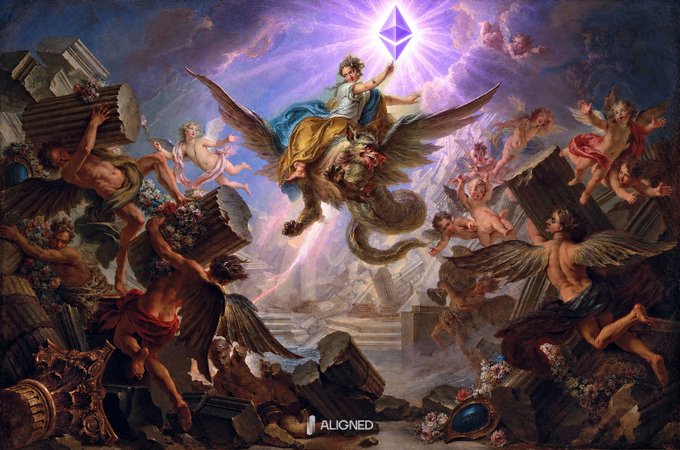 A dramatic painting depicting a winged figure riding a dragon-like creature holding a glowing purple Ethereum logo, surrounded by cherubs and falling classical ruins, with an "! ALIGNED" logo at the bottom.