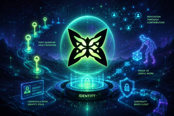 This image displays a concept related to identity in the context of cryptocurrency. The main visual element is an animated depiction of a butterfly within a glass bubble surrounded by numerous small, detailed figurines representing different elements such as keys, coins, wallets, and chains. The butterfly, with its wings spread wide, symbolizes the idea that identity should be fluid and adaptable, much like the ever-changing nature of cryptocurrency transactions and networks. 

The image also includes text which provides additional context about this concept and possibly references a person named @quipnetwork who has been tracking teams that treat quantum as a present tense design constraint, rather than a headline. The overall theme is focused on promoting flexibility and adaptability in the world of cryptocurrency.