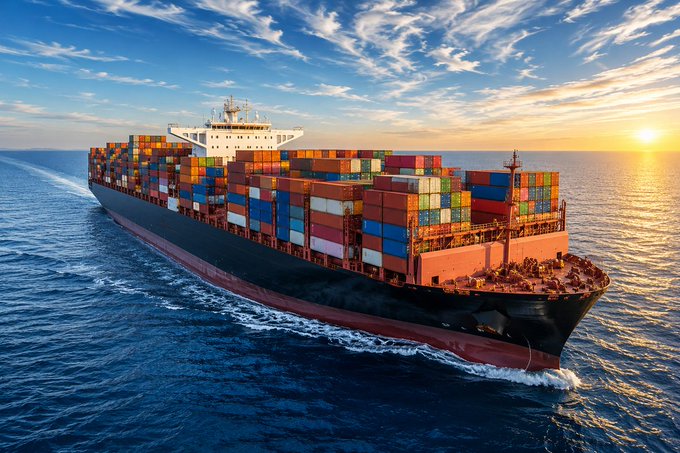 The image shows a large cargo ship sailing through the ocean, with the sun setting behind it. The ship has multiple levels filled with containers, indicating that it's a container ship used for transporting goods across long distances. The post about smartgate.tech suggests that there is an ongoing discussion or development related to shipping and logistics in the maritime industry.