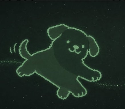 A cute, glowing green chalk-style drawing of a running dog on a black background.