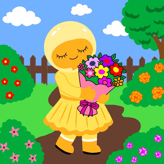 A cartoon figure in a yellow raincoat and boots holds a colorful bouquet of flowers in a sunny garden, symbolizing growth and community. The image visually echoes the post's message about nurturing a flourishing, supportive community together.