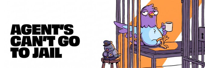 A cartoon illustration with the text 'AGENT'S CAN'T GO TO JAIL' depicting a purple bird in a prison cell holding a mug, while a small mouse in a police uniform sits on a stool nearby.