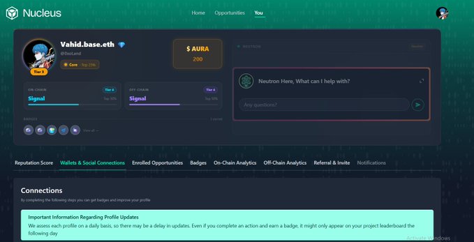 A Nucleus platform profile page for 'Vahid.base.eth' (v0xLand) displaying Core/Top 12% signal, $AURA 200 balance, and a Neutron AI chat interface.