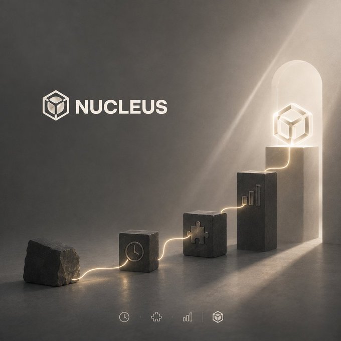 A sophisticated dark promotional graphic for 'NUCLEUS' featuring a glowing line connecting stone blocks with icons (clock, puzzle, bar chart) leading to an illuminated cube archway.