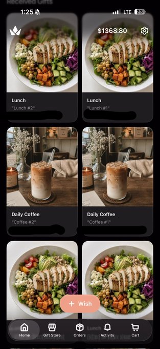 Screenshot of a food delivery app showing 'Lunch' and 'Daily Coffee' orders received, with a balance of $1368.80 and navigation tabs at the bottom including Home, Gift Store, Orders, Activity, and Cart.