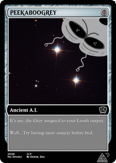 The image features a card with an illustration of an alien head, surrounded by stars and planets. The text on the card reads "PEEKABOOGREY" and includes a quote from someone named Denim Dece.