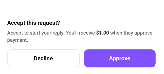 A digital prompt asking 'Accept this request?' with text 'Accept to start your reply. You'll receive $1.00 when they approve payment.' Below are 'Decline' and a purple 'Approve' button.