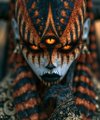 A close-up portrait of an orange and black tiger with glowing yellow eyes, staring directly at the camera.