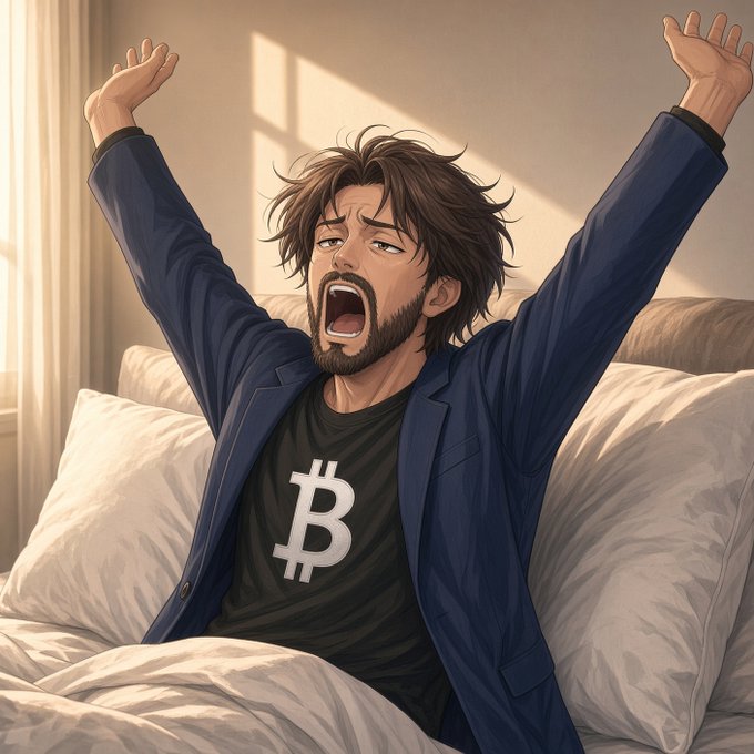 An anime-style illustration of a bearded man in a blue jacket over a black Bitcoin (₿) t-shirt, sitting up in bed and yawning dramatically with arms raised.