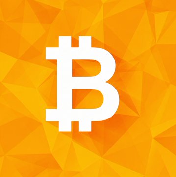 An orange geometric/polygonal background featuring the white Bitcoin (₿) cryptocurrency logo in the center.
