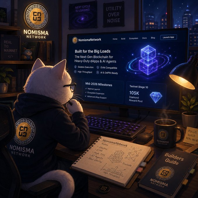 A promotional image for 'Nomisma Network' showing a white cat in a hoodie with the project's logo, sitting at a desk reviewing a 'Builders Guide' and notes, with a computer screen displaying 'Built for the Big Loads' blockchain features and a 105K Diamond Reward Pool.