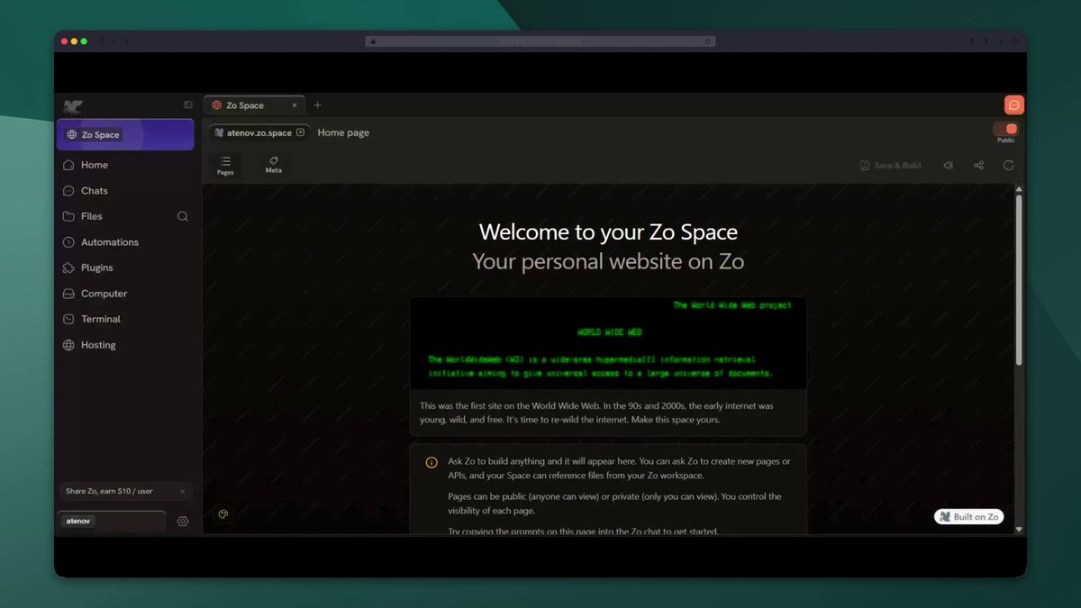 The image shows a computer screen displaying a webpage with a green header that says "Welcome to your ZoSpace" at the top, followed by a message welcoming visitors to their personal website on ZoSpace. The background of the screen is black, which contrasts with the green header and makes it stand out. There are no other texts or objects visible in the image, so we can only focus on the content displayed on the computer screen.