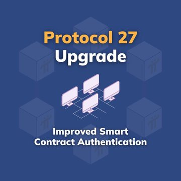 A graphic featuring interconnected computer monitors and cubes on a dark blue background announces "Protocol 27 Upgrade" with the subtitle "Improved Smart Contract Authentication," visually reinforcing the post's message about Pi Network's upcoming final protocol enhancement focused on smart contract capabilities and on-chain utility.