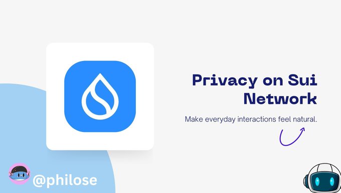 A promotional graphic featuring the Sui Network logo (a blue water drop) with the text 'Privacy on Sui Network' and tagline 'Make everyday interactions feel natural,' credited to @philose.