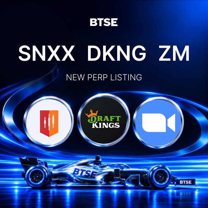 A promotional graphic for BTSE announcing 'NEW PERP LISTING' for tickers SNXX, DKNG, and ZM, displaying their respective logos (DraftKings logo visible) alongside a BTSE Formula 1 race car.