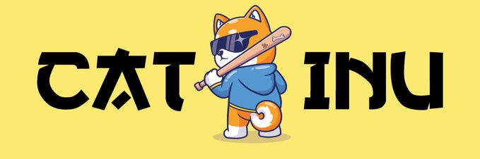 A cartoon Shiba Inu dog wearing a visor and blue hoodie holds a bat between the bold black text "CAT" and "INU" on a yellow background, representing the CATINU token featured in the promotional post about its BNB-based tokenomics with 6% reflection, liquidity, and burn tax.
