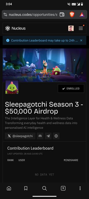 Screenshot of the Nucleus platform website displaying the 'Sleepagotchi Season 3 - $50,000 Airdrop' page for @sleepagotchi, showing an 'ENROLLED' status and a Contribution Leaderboard.