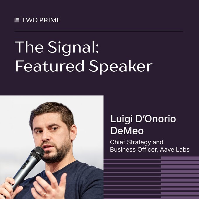 A presentation slide for 'The Signal: Featured Speaker' introducing Luigi D'Onorio DeMeo, Chief Strategy and Business Officer at Aave Labs.
