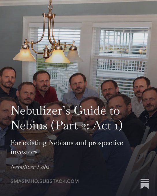 A Substack article cover titled "Nebulizer's Guide to Nebius (Part 2: Act 1)" by Nebulizer Labs, subtitled "For existing Nebians and prospective investors." The image uses a humorous visual gag of multiple identical men with mustaches and receding hairlines seated around a dinner table under a chandelier, humorously suggesting the Nebius ($NBIS) executive team is made up of indistinguishable clones.