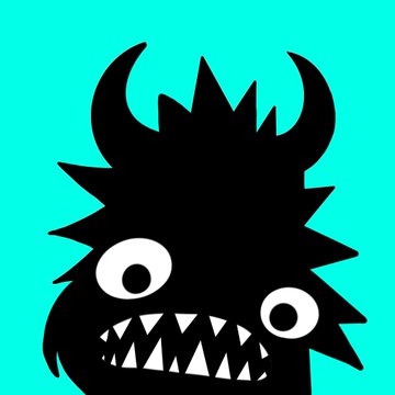A minimalist black silhouette illustration of a spiky, horned monster with large eyes and sharp teeth on a teal background.