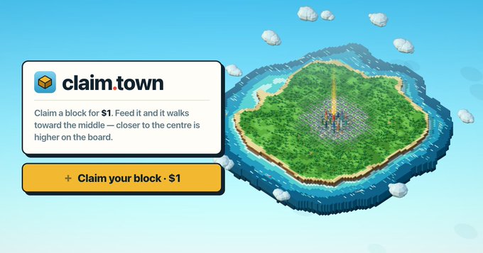 The promotional image for claim.town shows a 3D-rendered island city with empty lots, featuring text that reads "Claim a block for $1. Feed it and it walks toward the middle — closer to the centre is higher on the board" alongside a yellow "Claim your block · $1" button. The ad visually supports the post's pitch of offering an affordable ($1) alternative to expensive bidding platforms like outbid.lol, where players can build towers starting from a blank canvas.
