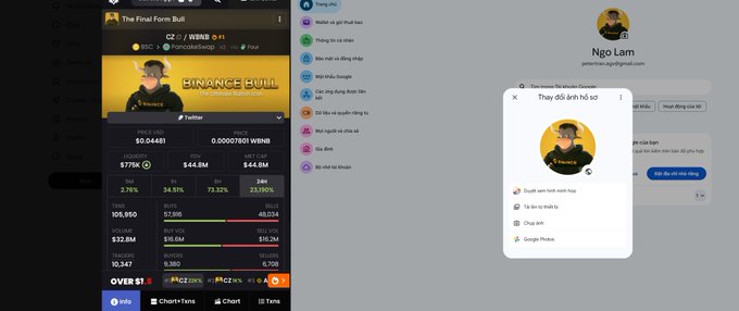 A screenshot showing a Binance crypto token page featuring 'The Final Form Bull' with market data including a price of $0.04481 and a Telegram chat interface with a user named 'Ngọ Lâm'.