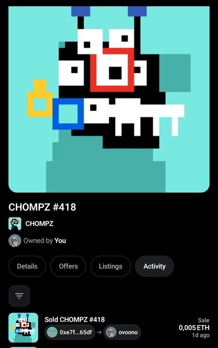 The image shows a CHOMPZ #418 NFT on a marketplace listing page, where it was sold for 0.005 ETH 1 day ago to user "ovoono" by the seller from wallet 0xe7f...65df. The post relates to this sale, with the owner lamenting that the NFT's value dropped to 0.0027 ETH shortly after purchasing it, asking what caused the sudden price decline.