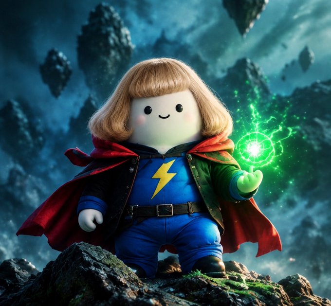 A stylized figurine-style illustration of a chubby character wearing a blue costume with a lightning bolt emblem and a red cape, holding a glowing green energy orb against a dramatic dark mountainous background.