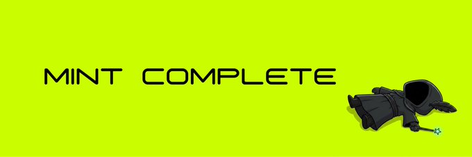 The image displays the text "MINT COMPLETE" in black stylized font against a bright neon yellow-green background, accompanied by an illustration of a hooded, robe-like figure with a glowing hand, matching the post's announcement that all 1169 Hoodinis NFTs have been successfully minted.