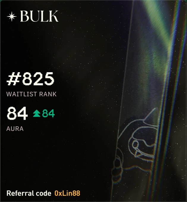The image shows a black background with white text that reads "BULK" at the top, followed by a list of numbers including "825", "84", and "Aura". The text also mentions a "referrals.code" in the bottom right corner.