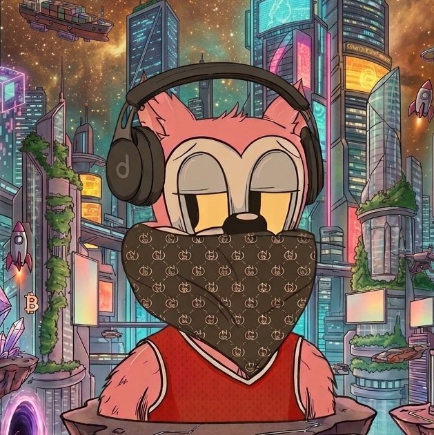 A digital illustration of an anthropomorphic fox-like character wearing Beats headphones, a red jersey, and a Gucci-patterned bandana mask, set against a cyberpunk cityscape backdrop.