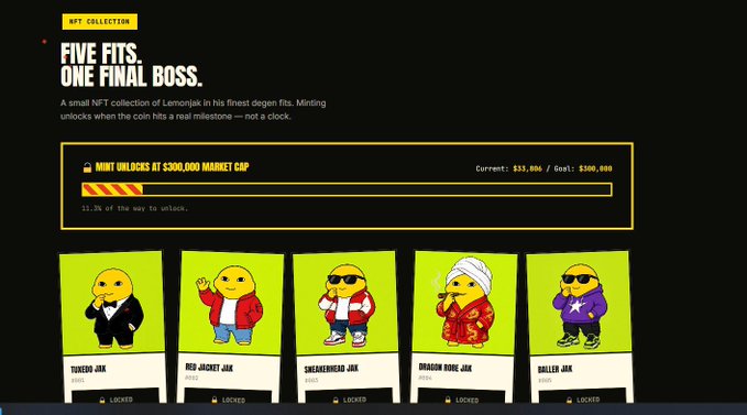 A dark-themed webpage promoting "Five Fits, One Final Boss," an NFT collection by LemonJerk, features five cartoon lemon characters in different outfits (Tuxedo, Red Jacket, Sneakerhead, Dragon Bore, Daller) all marked as "Locked," with a progress bar showing minting unlocks at $300,000 market cap, currently at $33,886 (11.3% complete). The image illustrates the speculative NFT project that the post's author is betting $25 on, hoping to attract NFT collectors' attention as the coin's market cap approaches the $300,000 milestone needed to unlock the collection.